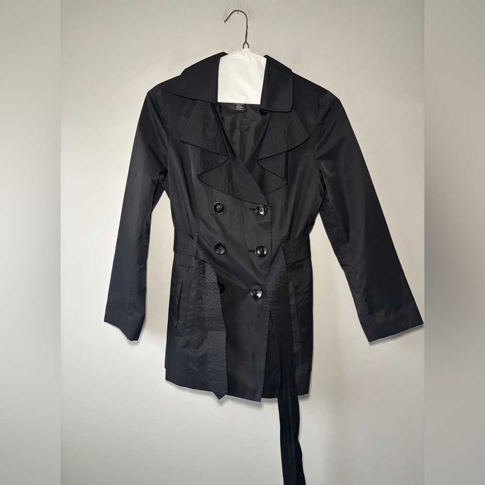 Women's London Fog Black Double-Breasted Belted Collared Trench Size Small - Picture 2 of 10